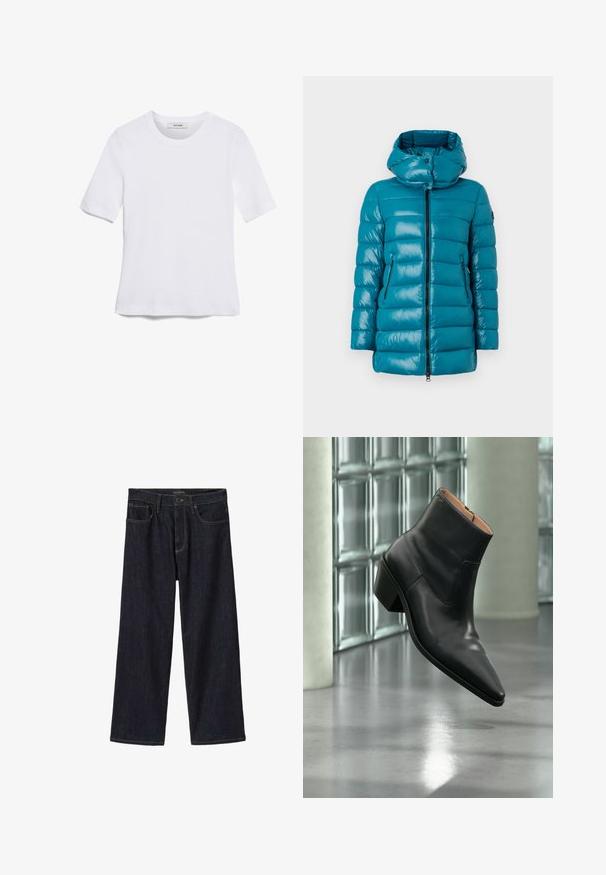 Teal gewatteerde pufferjack met hoge kraag, voorrits en ritssluitingen aan de zijkanten, weergegeven op een neutrale achtergrond.; Witte korte mouwen t-shirt van ribstof. Ronde halslijn, normale pasvorm en subtiele stiksels. Geen patronen of grafische elementen.; Donker indigo wijde jeans met voor knoop- en ritssluiting, riemlussen en voorzakken, afgebeeld op een witte achtergrond.; Zwarte leren enkellaars met een spitse neus en blokhak die zweeft boven een reflecterende grijze vloer nabij een glazen blokmuur.