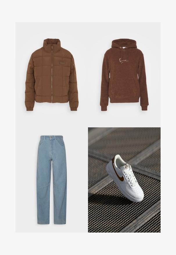 Karl Kani SIGNATURE PUFFER JACKET - Zimná bunda - brown smu; Hnedá mikina s kapucňou vyrobená z textúrovanej tkaniny, vybavená prednou vreckom a šnúrkami na stiahnutie. Vyšívané logo v svetlej farbe.; BDG Urban Outfitters LOGAN - Nohavice - pale blue; Biela kožená teniska s perforáciami, hnedým logom Nike a šnúrkami. Má textúrovanú podrážku a polstrovaný golier.