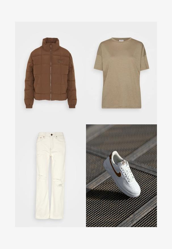 Karl Kani SIGNATURE PUFFER JACKET - Chaqueta de invierno - brown smu; Noisy May NMMATHILDE - Camiseta básica - kalamata; BDG Urban Outfitters STRAIGHT - Vaqueros rectos - ecru; Zapatilla blanca de cuero con perforaciones, logo Nike en marrón y cordones. Cuenta con suela texturizada y cuello acolchado.