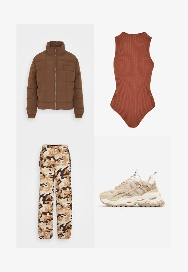 Karl Kani SIGNATURE PUFFER JACKET - Chaqueta de invierno - brown smu; Bodysuit marrón acanalado con cuello alto, diseño sin mangas y silueta ajustada. Fabricado con tela elástica, adecuado para superponer.; Envii PANTS - Pantalones - desert; Zapatilla gruesa beige y blanca con suela gruesa, paneles de malla y cuero, recortes ovalados en la entresuela, lengüetas en la lengüeta y el talón.