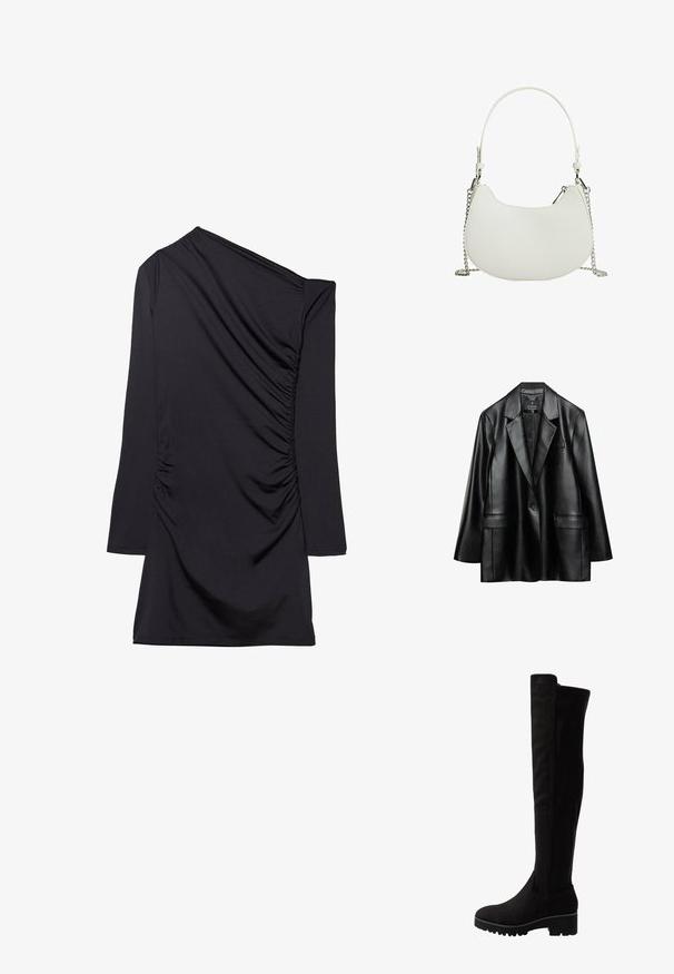 Schwarze Kunstlederjacke mit Reverskragen, einreihiger Knopfverschluss und zwei vorderen Taschen, mit einer glatten, glänzenden Textur.; Schwarzes Kleid mit einem einseitigen Design, langem Ärmel und gerafftem Stoff an der Seite. Hergestellt aus weichem, dehnbarem Material.; Schwarze Overknee-Stiefel aus weichem Wildleder mit flacher Sohle, abgerundetem Zehenbereich und elastischen Seiteneinsätzen für ein einfaches An- und Ausziehen.; Weißes synthetisches Handtasche mit einer geschwungenen Form, ausgestattet mit einem Kettenriemen und minimalistischer Gestaltung. Glatte Textur mit silbernen Hardware-Akzenten.