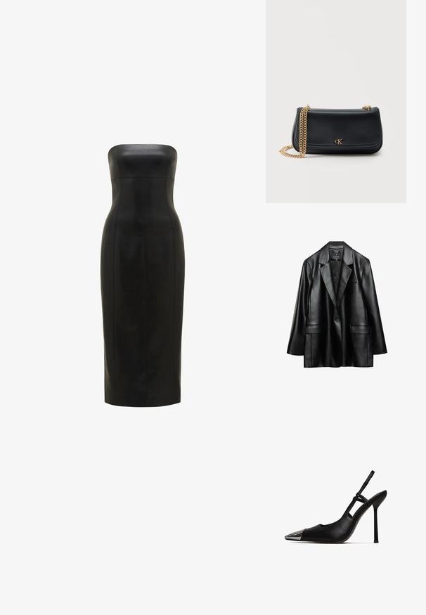Schwarze Kunstlederjacke mit Reverskragen, einreihiger Knopfverschluss und zwei vorderen Taschen, mit einer glatten, glänzenden Textur.; Schwarzes, trägerloses Lederkleid mit einer figurbetonten Silhouette, knielang, glatte Textur und vertikale Nähte für Definition.; Schwarzer Slingback-Pump mit spitzem Zeh und glänzender metallischer Kappe. Verfügt über einen hohen Stiletto-Absatz und einen schmalen Knöchelriemen. Glatte Lederoberfläche.; Schwarze Lederschultertasche mit goldener Kettenriemen und kleinem goldenen "cK"-Logo mittig auf der vorderen Klappe vor einfarbigem Hintergrund.