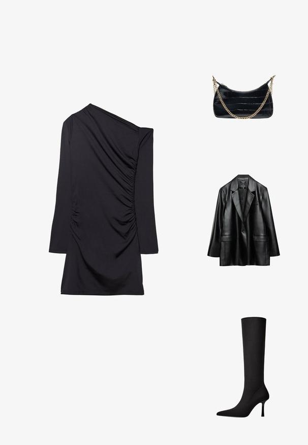 Schwarze Kunstlederjacke mit Reverskragen, einreihiger Knopfverschluss und zwei vorderen Taschen, mit einer glatten, glänzenden Textur.; Schwarzes Kleid mit einem einseitigen Design, langem Ärmel und gerafftem Stoff an der Seite. Hergestellt aus weichem, dehnbarem Material.; Schwarze knielange Stiefel aus glattem Stoff mit spitz zulaufender Zehe und dünnem Stiletto-Absatz. Verfügt über minimale Nähte und ein elegantes Design.; Schwarze Handtasche mit Krokodilleder-Textur, goldener Kettenriemen und oberem Reißverschluss auf weißem Hintergrund.