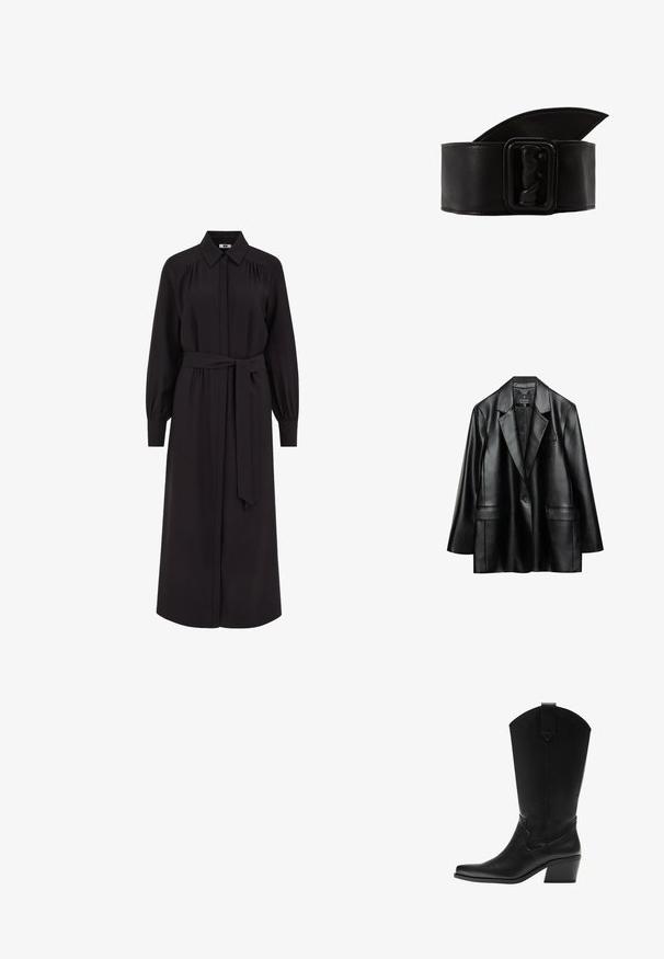 Sort faux læder blazer med spidse revers, enkelt knaplukning og to frontlommer, der har en glat, skinnende tekstur.; Lang sort kjole med kraveformet halsudskæring, knaplukning foran, lange puffede ærmer og et bælte, der knyttes i taljen. Fremstillet af glat stof.; Sort midterlægs westernstøvle i læder med spids tå og stablet blokhæl, med trækflig og diskret dekorativ syning.; Bred sorte læderbælte med en tekstureret, skulpturel spænde og et spidst design i den ene ende. Glat overflade med kontrasterende syninger.