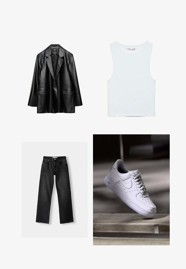 Čierna umelá kožená sako s vykrojenými klopami, uzatváraním na jedno tlačidlo a dvoma prednými vreckami, s hladkou, lesklou textúrou.; Biely bezrukávový crop top s okrúhlym výstrihom, vyrobený z hladkej látky, označený Pull&Bear, vhodný na bežné nosenie.; Bershka Džínsy s rovným strihom - mottled dark grey; Biele tenisky Nike Air Force 1 vznášajúce sa nad betónovým povrchom so tieňmi v minimalistickom prostredí.
