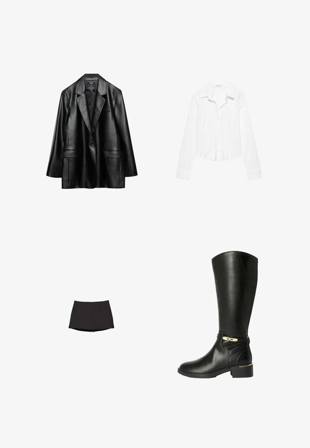 Schwarze Kunstlederjacke mit Reverskragen, einreihiger Knopfverschluss und zwei vorderen Taschen, mit einer glatten, glänzenden Textur.; Weißes Langarmhemd mit Kragen, leicht tailliertem Schnitt und geknöpften Manschetten, auf weißem Hintergrund dargestellt.; Schwarzer athletischer Skort mit tailliertem Bund und kurzem Saum, entworfen für sportliche Aktivitäten mit glattem, dehnbarem Stoff.; Schwarze kniehohe Stiefel aus glattem Leder mit einem Akzent und einer Schnalle in Goldton. Verfügt über einen Blockabsatz und detaillierte Stickereien an der Seite.