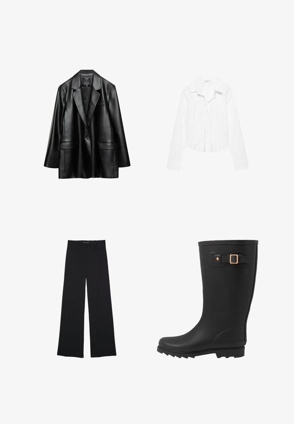 Sort faux læder blazer med spidse revers, enkelt knaplukning og to frontlommer, der har en glat, skinnende tekstur.; Hvid skjorte med lange ærmer, krave, let figursyet talje og manchetter med knapper, vist på en hvid baggrund.; Sorte bukser med vide ben med knap- og lynlåslukning, bæltestropper og en glat, skræddersyet finish.; Sort gummistøvle med rund tå, tekstureret sål og en sidestrapdetalje med en guldspænde akcent.