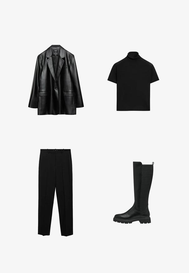 Blazer en faux cuir noir avec revers crantés, fermeture à un bouton et deux poches avant, présentant une texture lisse et brillante.; T-shirt noir à manches courtes avec col roulé, coupe ample et design simple sur fond blanc.; Pantalons noirs ajustés avec une coupe droite, présentant des plis sur le devant, une texture lisse et une taille standard avec passants de ceinture.; Botte noire hauteur genou avec un devant en cuir lisse et un panneau en maille texturée à l'arrière, dotée d'une semelle en caoutchouc et d'une languette pour un enfilage facile.