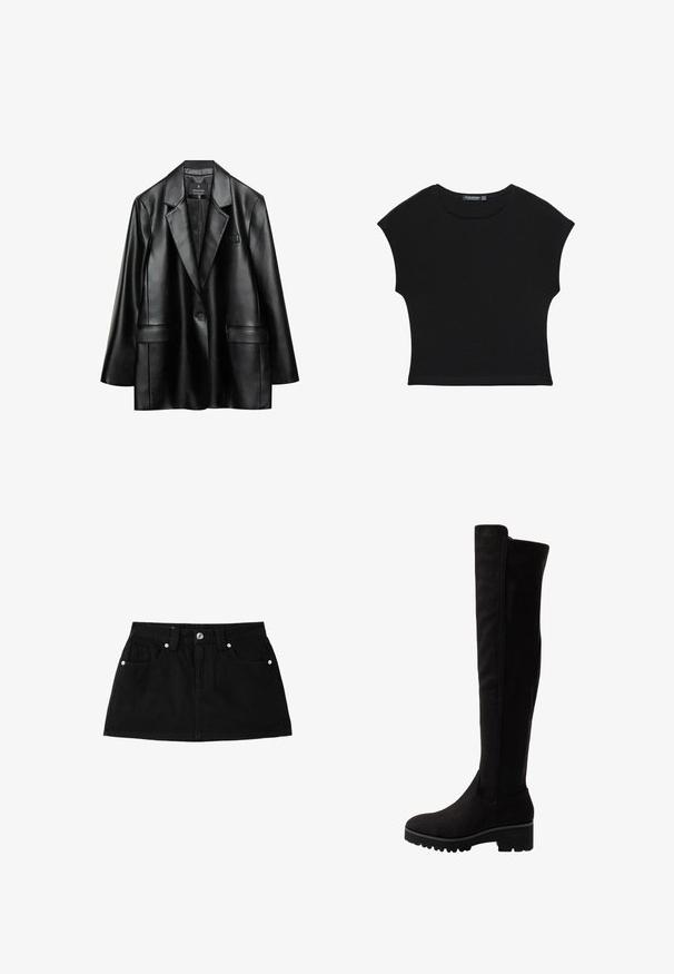 Sort faux læder blazer med spidse revers, enkelt knaplukning og to frontlommer, der har en glat, skinnende tekstur.; Sort kortærmet croptop med rund halsudskæring og let tilspidset talje, lavet af blødt, letvægtsstof.; Sort denim mininederdel med frontknap og lynlås, bæltestropper og to forlommer med sølvnitter.; Sorte over-knæ støvler i blødt ruskind med flad sål, der har en rund tå og elastiske sidepaneler for nem påklædning.