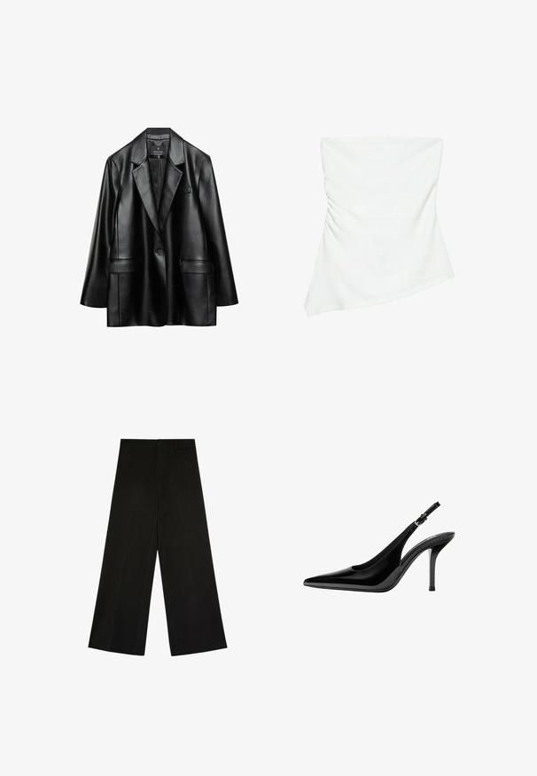 Blazer en faux cuir noir avec revers crantés, fermeture à un bouton et deux poches avant, présentant une texture lisse et brillante.; Haut blanc asymétrique sans bretelles avec un léger détail froncé sur un côté, style ajusté, design épuré et minimaliste.; Pantalon noir à jambes larges avec fermeture par bouton et zip, passants de ceinture et plis d’avant, posé à plat sur fond blanc.; Chaussure à talon haut à bride arrière en cuir verni noir avec bout pointu et bride ajustable à boucle sur fond blanc.