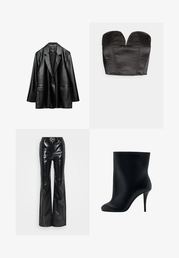 Blazer en faux cuir noir avec revers crantés, fermeture à un bouton et deux poches avant, présentant une texture lisse et brillante.; Vero Moda VMSALLY CROPPED SIMILI CORSAGE - Débardeur - black; Pantalons évasés en simili cuir noir avec une finition brillante, dotés d'une taille haute, de poches avant et de détails en métal argenté.; Bottine noire en matière synthétique lisse avec un design ajusté, bout arrondi et un talon stiletto haut pour une élévation accrue.