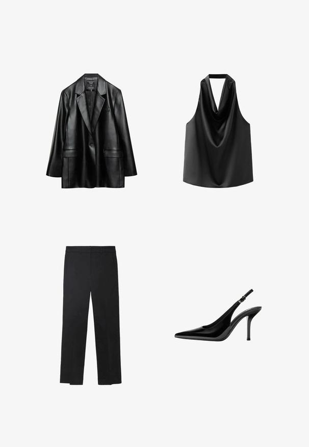 Blazer en faux cuir noir avec revers crantés, fermeture à un bouton et deux poches avant, présentant une texture lisse et brillante.; Haut sans manches noir en satin lisse, doté d'un col drapé et d'une coupe ample avec un ourlet arrondi. Pas de matériel ou de motifs visibles.; Pantalon noir en tissu lisse, avec une coupe droite, des passants pour ceinture et deux poches avant. Design sur mesure avec des lignes épurées.; Chaussure à talon haut à bride arrière en cuir verni noir avec bout pointu et bride ajustable à boucle sur fond blanc.