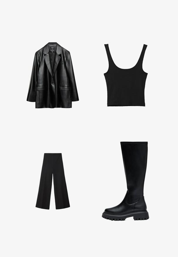 Schwarze Kunstlederjacke mit Reverskragen, einreihiger Knopfverschluss und zwei vorderen Taschen, mit einer glatten, glänzenden Textur.; Schwarzes verkürztes Tanktop mit breiten Trägern, aus weichem Material, mit glatter Textur und minimalistischem Design.; Schwarze, weit geschnittene Hosen aus einem glatten Stoff, mit hoher Taille und vorderen Falten für zusätzlichen Volumen. Keine sichtbaren Verschlüsse oder Taschen.; Knöchelhohe schwarze Lederstiefel mit runder Zehenform, elastischen Seitenpaneelen und einer robusten Gummisohle mit einem Profilmuster.