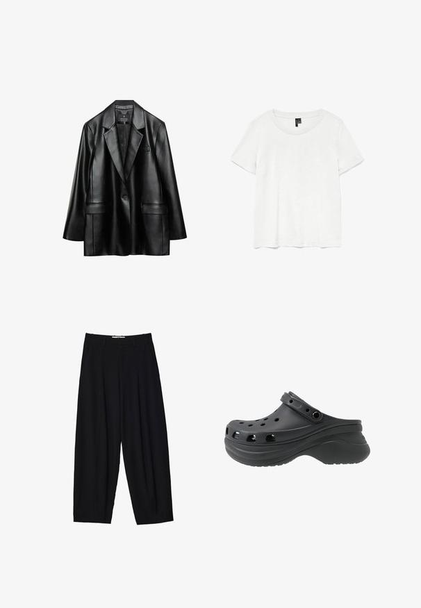 Sort faux læder blazer med spidse revers, enkelt knaplukning og to frontlommer, der har en glat, skinnende tekstur.; Hvid kortærmet t-shirt med rund halsudskæring, lavet af letvægtsstof. Enkel design, glat tekstur og lige kant.; Sorte vide benbukser lavet af letvægtsstof, med frontfolder, en klassisk talje og sidelommer. Glat tekstur.; Sort klipklap med perforerede sidehuller, lavet af et letvægts plastmateriale. Har en bagrem og en struktureret sål.