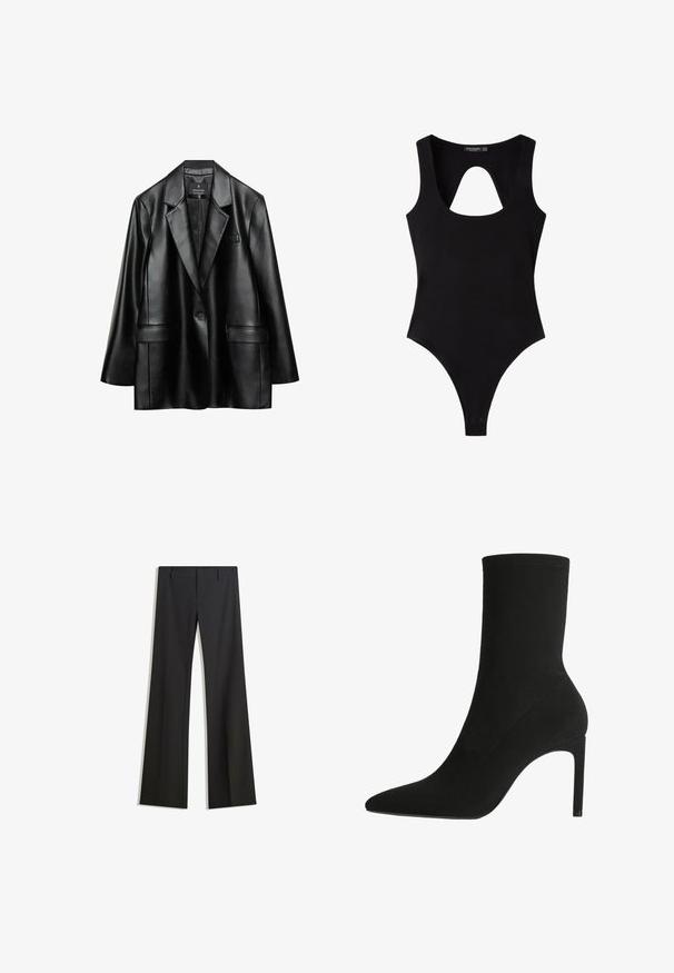 Blazer en faux cuir noir avec revers crantés, fermeture à un bouton et deux poches avant, présentant une texture lisse et brillante.; Body noir sans manches avec un décolleté arrondi et une découpe en forme de trou de serrure sur la poitrine, avec des boutons-pression à l'entrejambe.; Pantalon noir évasé avec une texture lisse, doté d'une coupe ajustée et d'une taille cintrée. Aucun motif ou ornement visible.; Bottine noire en suede doux, avec un bout pointu et un talon aiguille haut. Design minimaliste sans matériel ou motifs visibles.