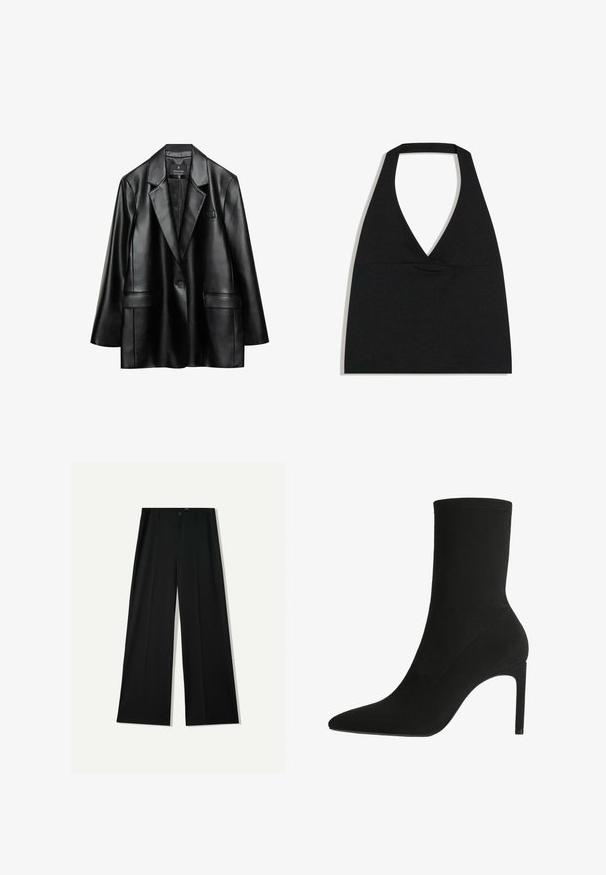 Blazer en faux cuir noir avec revers crantés, fermeture à un bouton et deux poches avant, présentant une texture lisse et brillante.; Haut court noir à col licou avec un profond décolleté en V et une large bretelle autour du cou sur fond blanc.; Bershka WIDE - Pantalon classique - black; Bottine noire en suede doux, avec un bout pointu et un talon aiguille haut. Design minimaliste sans matériel ou motifs visibles.