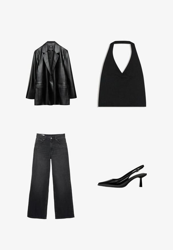 Schwarze Kunstlederjacke mit Reverskragen, einreihiger Knopfverschluss und zwei vorderen Taschen, mit einer glatten, glänzenden Textur.; Schwarzes bauchfreies Top mit Neckholder und tiefem V-Ausschnitt sowie breitem Nackenriemen vor weißem Hintergrund.; Schwarze Jeans mit weitem Bein und hoher Taille, vorne mit Knopf- und Reißverschluss, Gürtelschlaufen und Fünf-Taschen-Design.; Schwarzer Lackleder-Slingback-Pumps mit spitzer Zehenpartie, mittelhohem Blockabsatz und verstellbarem Riemen mit Schnalle auf weißem Hintergrund.