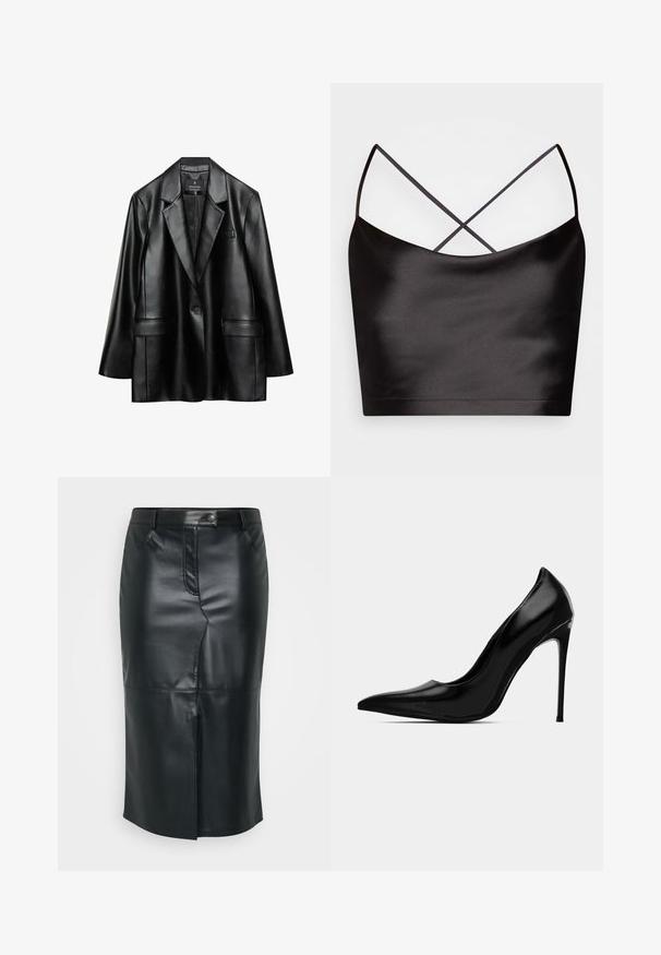 Sort faux læder blazer med spidse revers, enkelt knaplukning og to frontlommer, der har en glat, skinnende tekstur.; Even&Odd by Zalando Top - black; Sort læder blyantskirt med en mellemlang længde, frontslids, knaplukning og subtile stikninger. Glat, elegant tekstur.; Sort patent læder højhælede sko med spids tå og strømlinet silhuet. Har en høj stilettohæl og en glat, blank overflade.