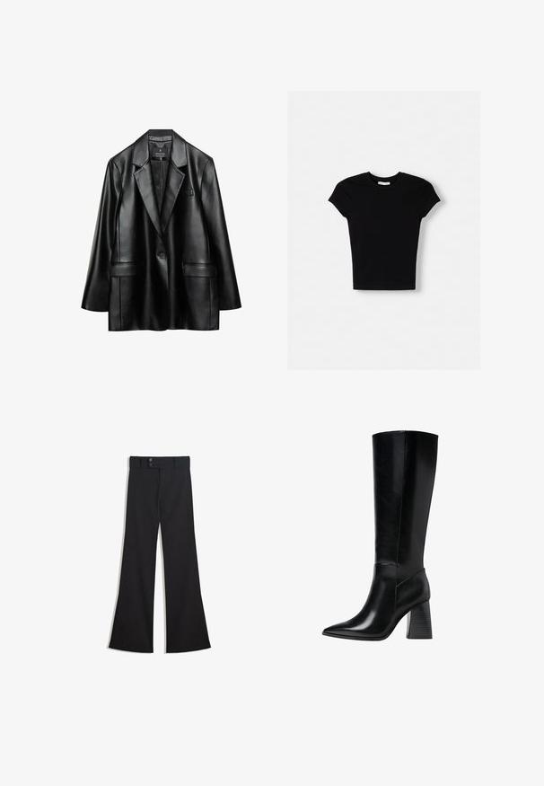 Blazer en faux cuir noir avec revers crantés, fermeture à un bouton et deux poches avant, présentant une texture lisse et brillante.; T-shirt noir à manches courtes en coton. Design ajusté, col rond et texture lisse. Aucun motif ni élément supplémentaire visible.; Pantalon noir taille haute à jambes larges avec une taille à double bouton et une fermeture éclair frontale, présenté à plat sur un fond blanc.; Bottes en cuir noir arrivant au genou, avec un bout pointu, une texture lisse et un talon épais et cranté pour la stabilité. Design élégant avec des accents minimalistes.