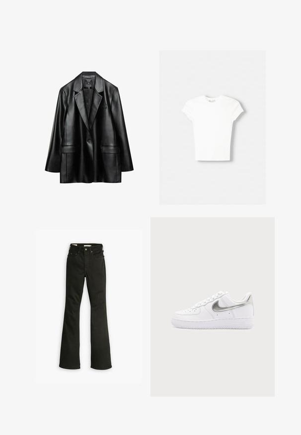 Zwarte neplederen blazer met inspringende revers, sluiting met één knoop en twee voorzakken, met een gladde, glanzende textuur.; Witte t-shirt met korte mouwen van zachte katoen, met een ronde halslijn en een getailleerde vorm. Geen zichtbare patronen of versieringen.; Zwarte flare jeans van denim. Beschikt over een klassiek vijf-pocket ontwerp met een ritssluiting, stevige stiksels en een schone zoom.; Witte lage sneaker met metallic zilveren Nike-swoosh en witte veters op een effen lichtgrijze achtergrond.