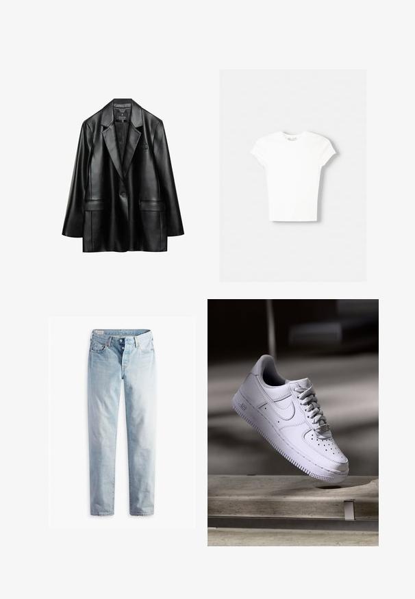 Blazer en faux cuir noir avec revers crantés, fermeture à un bouton et deux poches avant, présentant une texture lisse et brillante.; T-shirt blanc à manches courtes en coton doux, avec un col rond et une coupe ajustée. Pas de motifs ni d'ornements visibles.; Jean en denim bleu clair avec une coupe droite, cinq poches et des fermetures à boutons métalliques sur une ceinture standard.; Baskets Nike Air Force 1 blanches lévitant au-dessus d'une surface en béton avec des ombres dans un cadre minimaliste.