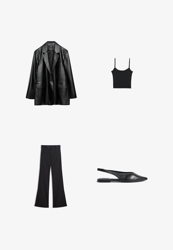 Čierna umelá kožená sako s vykrojenými klopami, uzatváraním na jedno tlačidlo a dvoma prednými vreckami, s hladkou, lesklou textúrou.; Stradivarius Top - black; Čierne široké nohavice s vysokým pásom, dvojitým zapínaním na gombíky a predným zipsom, zobrazené na bielom pozadí.; Čierne kožené slingback baleríny s špicatou špičkou a minimalistickým dizajnom. Obsahujú elegantný profil a tenký opätok pre stabilitu.