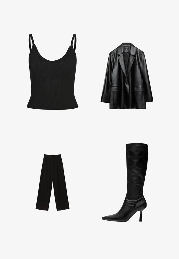 Sort faux læder blazer med spidse revers, enkelt knaplukning og to frontlommer, der har en glat, skinnende tekstur.; Sort ribbet tanktop med tynde stropper, V-hals, tætsiddende form og tekstureret stof. Ingen yderligere mønstre eller detaljer synlige.; Sorte brede bukser med høj talje, der har et bælte i taljen og plisseringer for tekstur. Fremstillet af et glat, letvægtsstof.; Sorte læder støvler til knæene med spids tå, slank hæl og blød, glat tekstur. Har et tætsiddende design og minimalistisk syning.