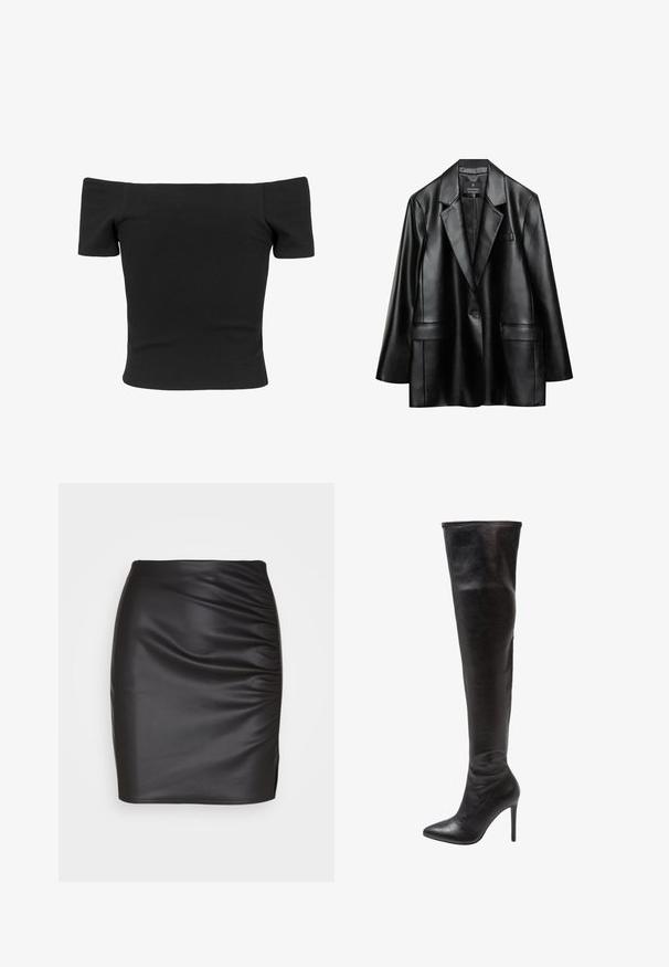 Sort faux læder blazer med spidse revers, enkelt knaplukning og to frontlommer, der har en glat, skinnende tekstur.; Sort ribbet off-shoulder top med korte ærmer, tætsiddende form, glat tekstur og et rent, enkelt design.; Sort faux læder tætsiddende nederdel med sammenkrøllet tekstur på den ene side og en lille slids i kanten, der skaber en strømlinet silhuet.; Sorte læder støvler til lårene med en glat finish, spids tå og stiletto hæl, der har et sømløst design og en glat overflade.