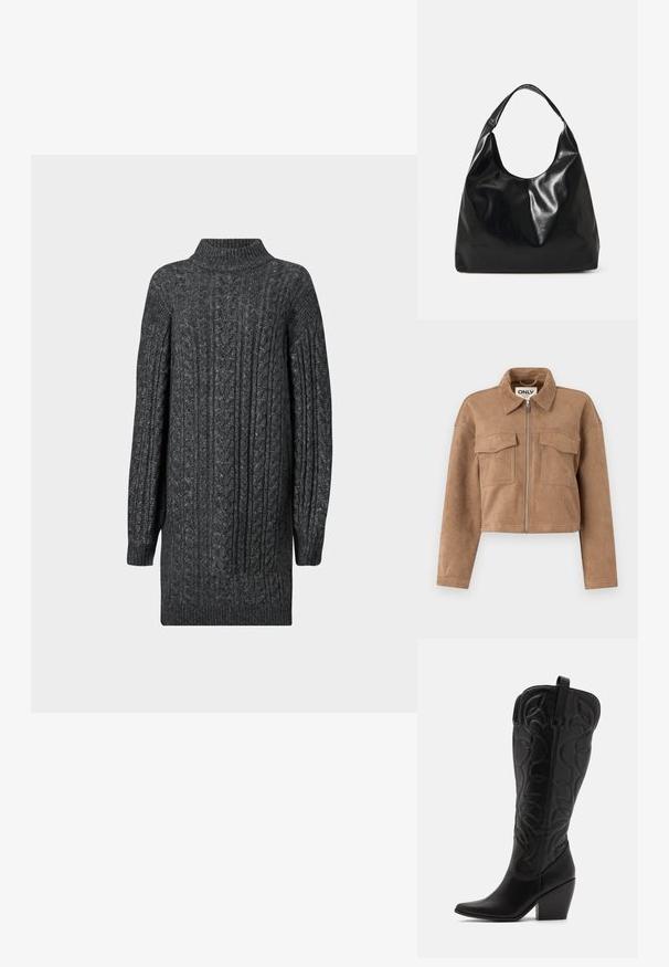 Pruuni lühike jope, mis on valmistatud pehmest nahast, pikkade varrukatega, lukuga kinnitamine ja kaks rinnataskut. Jopel on nähtavad õmblusaksendid.; Tumehallist soonikkoest kudum dress, millel on ribbetrööpiga kõrge kaelus, mansetid ja alläär, valgel taustal.; Mustad nahast põlveni ulatuvad saapad terava ninaga ja kuhjatud kandaga. Omavad dekoratiivseid õmblusi ja kaardus disainielemente.; Mustast nahkloomast hobokott, millel on pehme, läikiv tekstuur ja ümar avatud ülemine osa. Omab laia, kõverat rihma kandmiseks. Ei ole nähtavat riistvara.