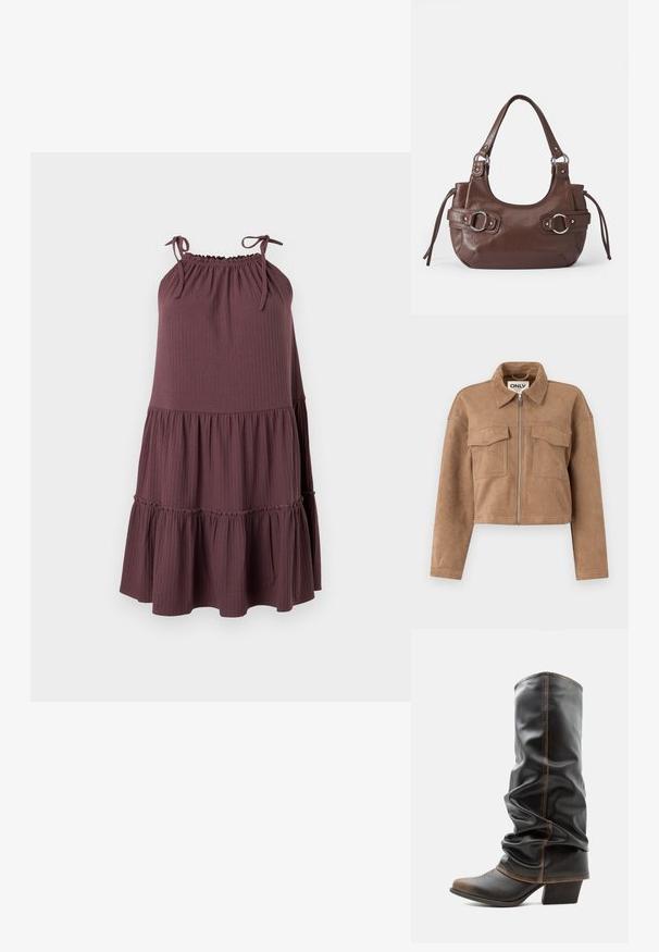 Veste cropped marron en daim doux avec des manches longues, une fermeture éclair et deux poches poitrine. Présente des accents de couture visibles.; Robe violette sans manches côtelée avec bretelles ajustables et jupe à volants plissée sur fond neutre.; Botte haute en cuir noir décontractée avec des accents marron, bout pointu et talon empilé sur fond blanc uni.; Sac à main en cuir marron de forme arrondie, avec quincaillerie argentée, deux anses latérales et une texture lisse. Dispose d'une seule poignée supérieure.