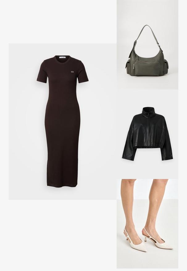 Sort læder cropped jakke med højt krave, front lynlås og to store lommer. Har brede ærmer og en glat, struktureret overflade.; Slim-fit, kortærmet, mørkebrun midi-kjole med rund hals og lille broderet logo på øverste venstre bryst.; Beige patenterede læder slingback hæle med spids tå og 5 cm hæl, med udskårne sider og en tynd ankelrem.; Grøn læder skuldertaske med et buet design, lynlåslomme foran og ekstra sidelommer. Glat tekstur og minimalt hardware.