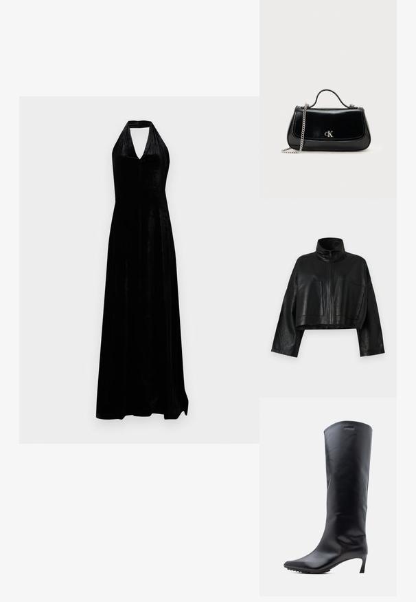 Schwarze, cropped Lederjacke mit hohem Kragen, vorderem Reißverschluss und zwei großen Taschen. Sie verfügt über weite Ärmel und eine glatte, strukturierte Oberfläche.; Schwarzes Samt-Halterkleid mit tiefem V-Ausschnitt und bodenlanger Rock auf weißem Hintergrund.; Knielanger schwarzer Lederstiefel mit spitzer Zehe und schlankem, hohem Absatz. Glatte Textur mit minimaler Hardware und Markenlogo in der Nähe des oberen Randes.; Schwarze Lederhandtasche mit einer Kettenriemen, strukturierter Form und einem silbernen Logo-Akzent. Glatte Textur mit einem Klappenverschluss.