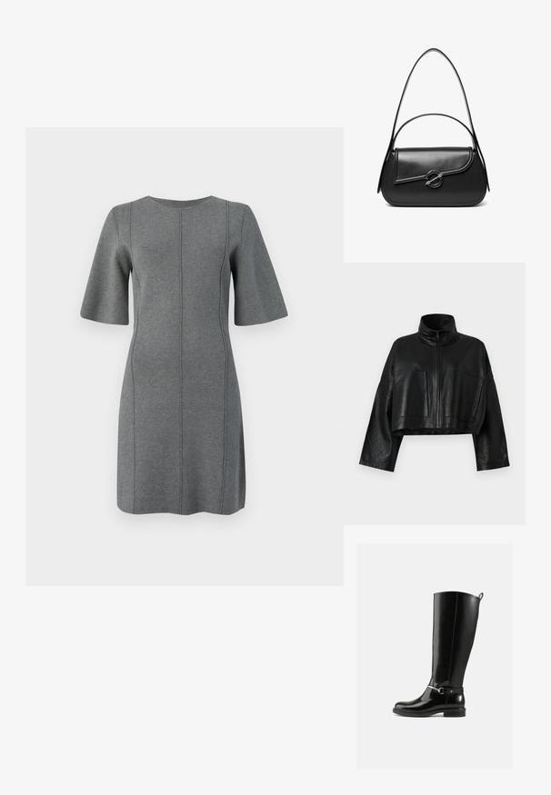 Chaqueta de cuero negra recortada con un alto cuello, cierre frontal con cremallera y dos grandes bolsillos. Presenta mangas anchas y un acabado liso y texturizado.; Vestido de punto gris con mangas cortas en forma de campana, escote redondo y costuras verticales. Textura suave y diseño hasta la rodilla.; Botas negras hasta la rodilla hechas de cuero brillante, con un detalle de hebilla plateada en el tobillo y un diseño de punta redondeada. Suela plana.; Bolso de hombro de cuero negro con una solapa curva asegurada por un broche metálico redondo y una correa delgada y ajustable.
