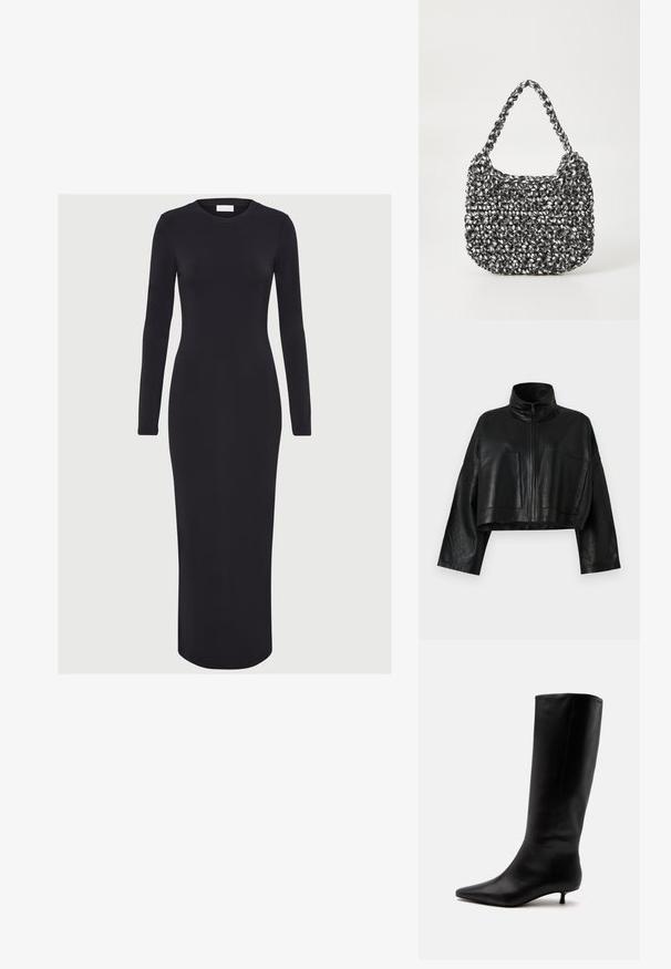 Chaqueta de cuero negra recortada con un alto cuello, cierre frontal con cremallera y dos grandes bolsillos. Presenta mangas anchas y un acabado liso y texturizado.; Vestido negro ajustado de manga larga, hecho de tejido elástico, con un escote redondo y una silueta recta, que llega hasta la mitad de la pantorrilla.; Bota alta de cuero negro hasta la rodilla con puntera puntiaguda y tacón bajo tipo kitten sobre un fondo claro y liso.; Bolso de mano tejido en blanco y negro con forma redondeada, superficie texturizada y asa trenzada. Adecuado para uso casual.