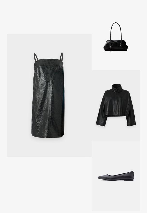 Sort læder cropped jakke med højt krave, front lynlås og to store lommer. Har brede ærmer og en glat, struktureret overflade.; Sorte ærmeløs kjole lavet af struktureret materiale, med et simpelt, lige design, tynde stropper og en mid-length skæring.; Sort flad lædersko med spidst tåparti og lav hæl, vist i sideprofil mod en hvid baggrund.; Sort skuldertaske i krokodillelæder med lange stropper og lille sølvlogo-charm på den ene strop.