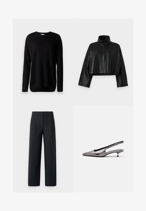 Schwarze, cropped Lederjacke mit hohem Kragen, vorderem Reißverschluss und zwei großen Taschen. Sie verfügt über weite Ärmel und eine glatte, strukturierte Oberfläche.; Schwarzer Pullover aus weicher Baumwolle, mit langen Ärmeln, runder Ausschnitt und gerippten Bündchen. Einfaches Design, ohne Muster oder Akzente.; Schwarze, maßgeschneiderte Hose mit geradem Bein, vorn mit Falten, einer glatten Textur und Gürtelschlaufen. Keine sichtbaren Taschen.; Metallic-grauer Slingback-Schuh mit spitzer Schuhspitze, niedrigem Kittenabsatz und verstellbarem Riemen auf weißem Hintergrund.