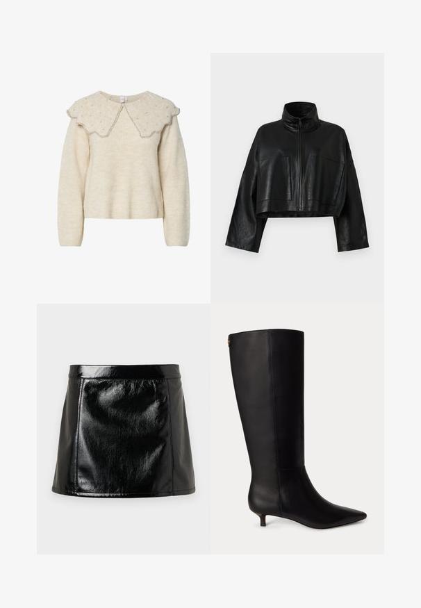 Chaqueta de cuero negra recortada con un alto cuello, cierre frontal con cremallera y dos grandes bolsillos. Presenta mangas anchas y un acabado liso y texturizado.; Suéter color crema con un cuello festoneado y acentos de cuentas plateadas. Hecho de una tela suave y texturizada. Presenta mangas largas y un corte relajado.; Falda corta de cuero negro con un acabado brillante, presenta una cintura ajustada, corte recto y costuras mínimas para un aspecto elegante.; Bota de cuero negra hasta la rodilla con punta afilada y tacón bajo tipo «kitten», mostrada de lado sobre un fondo liso.