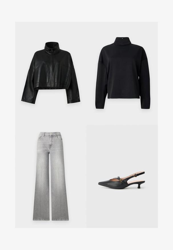 Schwarze, cropped Lederjacke mit hohem Kragen, vorderem Reißverschluss und zwei großen Taschen. Sie verfügt über weite Ärmel und eine glatte, strukturierte Oberfläche.; Schwarzes Langarmoberteil mit hohem Stehkragen, lockerer Passform, weichem Material und abgesenkten Schulternähten. Keine sichtbaren Muster oder Verzierungen.; Weite graue Denim-Jeans mit einem verwaschenen Finish, Vordertasche und Knopfverschluss. Sie verfügen über ein gerades Bein und einen klassischen Saum.; Schwarzer Slingback-Pumps aus Leder mit spitzer Zehenpartie, niedrigem Absatz, Cut-out-Design und goldfarbenem Schnallendetail am Riemen.