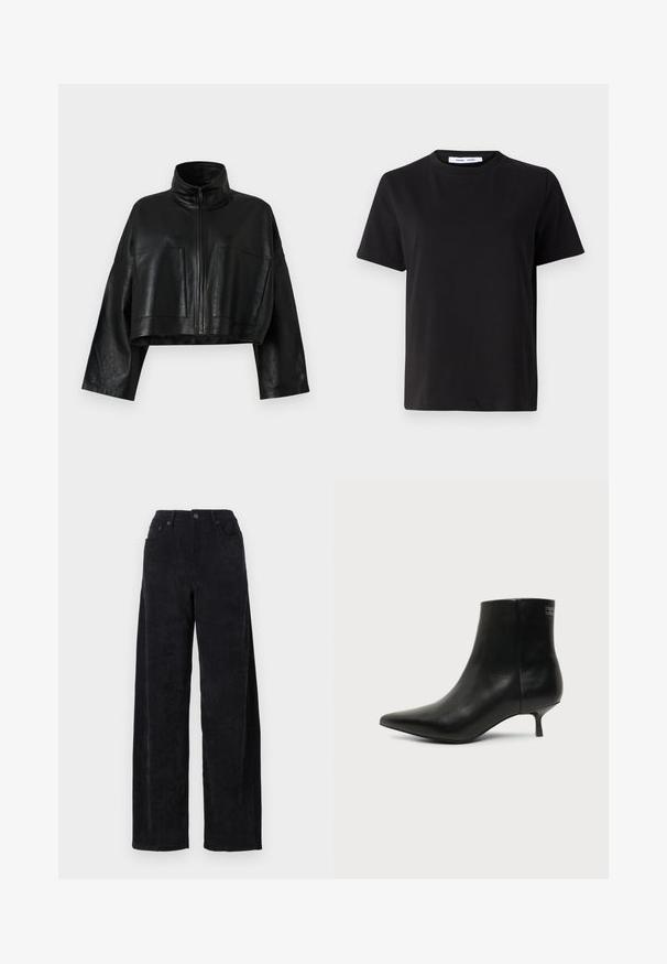 Veste en cuir noir courte avec un col haut, fermeture à glissière à l'avant et deux grandes poches. Elle présente des manches larges et une finition lisse et texturée.; T-shirt noir à manches courtes en coton doux, avec un col rond, une coupe décontractée et une texture lisse. Pas de motifs ni de graphiques visibles.; Pantalon large en corduroy noir avec taille haute, doté de deux poches avant et d'une texture à côtes verticales subtile.; Bottine en cuir noir avec bout pointu et petit talon kitten sur fond clair, vue côté extérieur.
