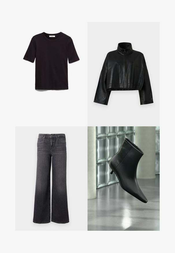 Schwarze, cropped Lederjacke mit hohem Kragen, vorderem Reißverschluss und zwei großen Taschen. Sie verfügt über weite Ärmel und eine glatte, strukturierte Oberfläche.; Schwarzes T-Shirt mit kurzen Ärmeln aus weicher Baumwolle, mit rundem Halsausschnitt und glatter, gleichmäßiger Textur in einem schlichten Design.; Weit geschnittene, dunkelgraue Jeans aus Denim mit einem dezenten Fade. Sie verfügen über einen Knopfverschluss, fünf Taschen und einen geraden Saum am Knöchel.; Schwarzer Leder-Stiefelette mit spitzer Zehenpartie und niedrigem Kitten-Heel, schräg dargestellt vor einem polierten Boden und einer Glasbausteinwand.