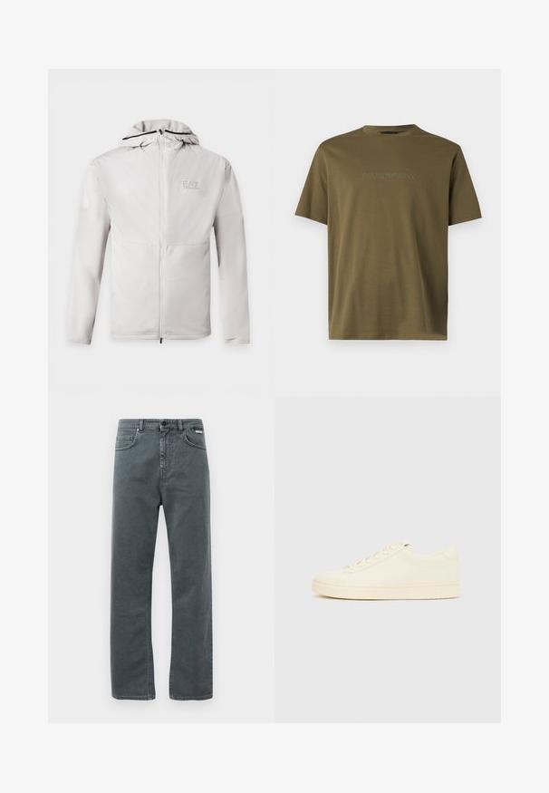 Hellgrauer Kapuzenpullover zum Reißverschluss mit langen Ärmeln, zweifarbigem Stoff und kleinem EA7 Emporio Armani Logo auf der linken Brust.; Olivgrünes T-Shirt mit kurzen Ärmeln, rundem Ausschnitt und dezent gesticktem Emporio Armani-Logo mittig auf der Brust.; Graue Jeans aus Denim mit geradem Bein, fünf Taschen und Knopfverschluss. Verfügt über dezente Nähte und ein klassisches, minimalistisches Design.; Cremefarbener Sneaker mit glattem Lederoberteil, abgerundeter Zehenpartie, Schnürung vorne und strukturierter Gummisohle. Minimalistisches Design, ohne Logos.