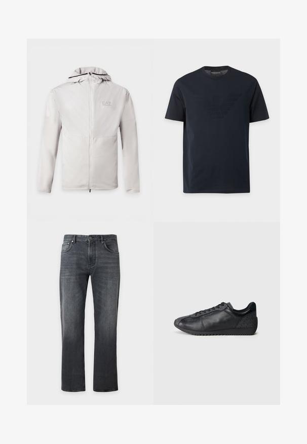 Lichtgrijze zip-up hoodie met lange mouwen, tweekleurige stof en klein EA7 Emporio Armani-logo op de linkerborst.; Zwart T-shirt met korte mouwen en ronde hals, met een subtiel reliëf adelaarlogo op de borst en een merklapje binnenin de kraag.; Zwarte straight-leg jeans met knoop- en ritsluiting aan de voorkant, vijfzakkenontwerp en subtiele vervaagde details.; Zwarte leren sneakers met een textuurstofpaneel, ronde neusvorm, vetersluiting aan de voorkant en een rubberen zool met een zigzagpatroon.