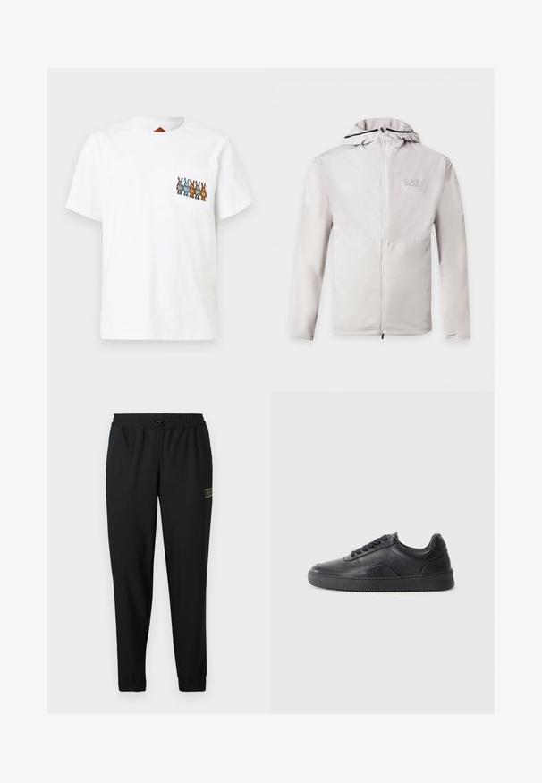 Sweat à capuche gris clair zippé, manches longues, tissu bicolore et petit logo EA7 Emporio Armani sur la poitrine gauche.; T-shirt en coton blanc à manches courtes avec une poche. Présente un motif brodé de lapins en bleu, marron et gris sur la poche.; Pantalon de sport noir en tissu texturé, taille élastique, cordon de serrage, jambes fuselées, avec un petit logo doré sur le côté gauche.; Chaussure de sport en cuir noir avec une finition lisse, bout arrondi, panneau latéral texturé et lacets noirs. Présente une semelle en caoutchouc plate et un design minimaliste.