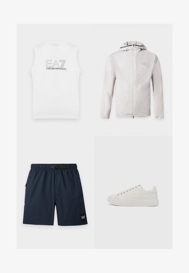 Sweat à capuche gris clair zippé, manches longues, tissu bicolore et petit logo EA7 Emporio Armani sur la poitrine gauche.; Chemise sans manches blanche avec le logo "EA7 Emporio Armani" en contour noir centré sur le devant.; Shorts à taille élastique bleu marine foncé avec boucle noire réglable et motif à carreaux subtil, avec un patch logo EA7 noir sur la partie inférieure de la jambe.; Sneaker blanche avec une semelle en caoutchouc texturée et le logo "KARL" embossé sur le côté. Présente des lacets ronds et un matériau supérieur lisse.