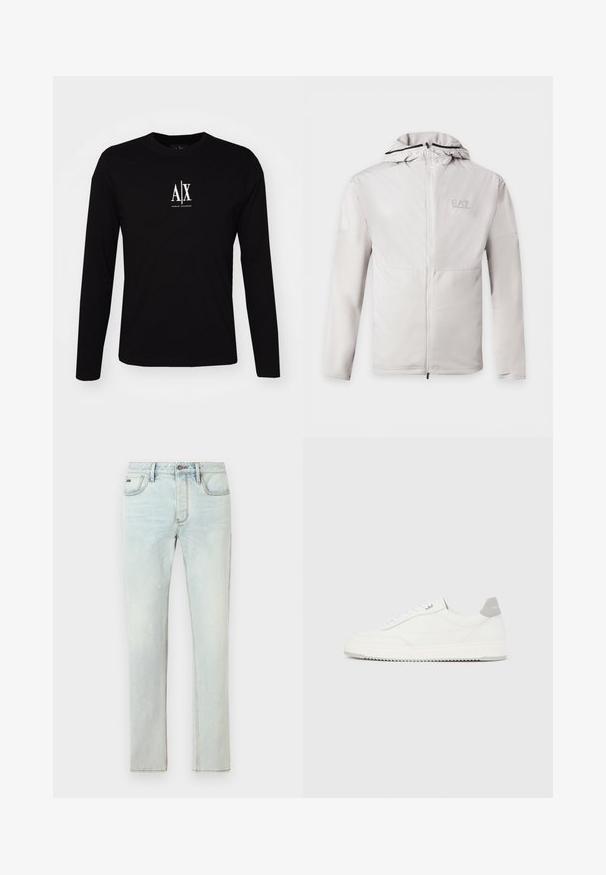 Svetlosivá mikina na zips s kapucňou, dlhými rukávmi, dvojfarebná látka a malé logo EA7 Emporio Armani na ľavej strane hrudníka.; Čierne tričko s dlhým rukávom vyrobené z bavlny s okrúhlym výstrihom. Na hrudi sa nachádza biele logo "A|X" umiestnené na strede. Jednoduchý dizajn, minimálne akcenty.; Svetlomodré rifle z denimu s priamym strihom, s piatimi vreckami a jemnými opotrebovanými detailmi, s kontrastným prešívaním a zapínaním na gombík.; Biela nízka teniska so sivým pätovým pásikom, bielymi šnúrkami a členitou podrážkou, zobrazená na jednoduchom svetlom pozadí.