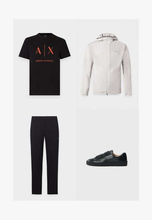 Sweat à capuche gris clair zippé, manches longues, tissu bicolore et petit logo EA7 Emporio Armani sur la poitrine gauche.; T-shirt noir à manches courtes avec col rond, grand logo orange "A | X" et texte "Armani Exchange" centrés sur le devant.; Legging noir slim avec ceinture élastique, présenté à plat sur un fond blanc.; Baskets en cuir noir avec une texture lisse, bout rond et fermeture à lacets. Comprend une semelle en caoutchouc épaisse et un minimum de détails de marque.