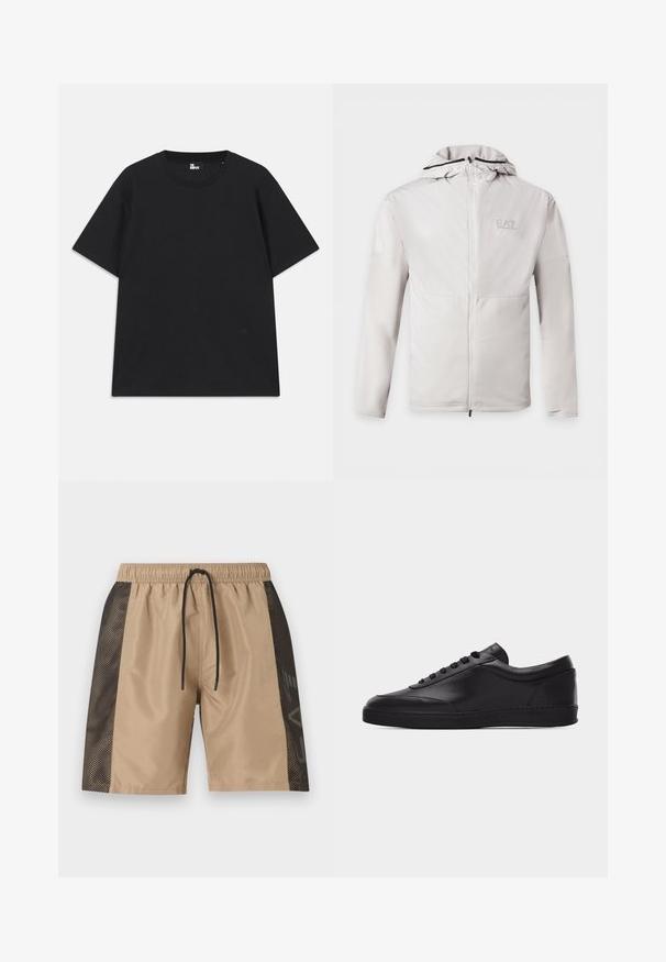Lichtgrijze zip-up hoodie met lange mouwen, tweekleurige stof en klein EA7 Emporio Armani-logo op de linkerborst.; Zwart kortebril T-shirt van katoen, met een ronde hals en een klein logo detail near de zoom. Gladde textuur, normale pasvorm.; Beige shorts met zwarte mesh zijpanelen, elastische tailleband en zwarte trekkoord, weergegeven tegen een effen lichte achtergrond.; Zwarte lage leren sneaker met vetersluiting aan de voorkant en een platte rubberen zool, gezien van de zijkant tegen een effen witte achtergrond.