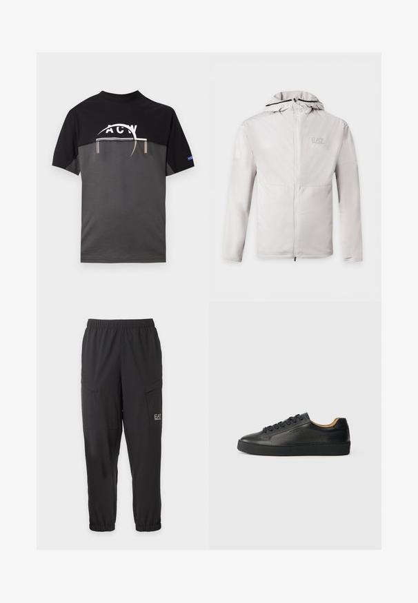 Sweat à capuche gris clair zippé, manches longues, tissu bicolore et petit logo EA7 Emporio Armani sur la poitrine gauche.; T-shirt noir et gris à manches courtes avec un logo graphique blanc sur la poitrine et une petite étiquette bleue sur la manche droite.; Pantalon noir décontracté avec taille et poignets élastiques, poches latérales à rabat et petit logo blanc EA7 Emporio Armani sur la cuisse droite.; Baskets basses en cuir noir avec surface texturée, lacets noirs et semelle en caoutchouc épaisse, présentées de côté sur un fond clair.