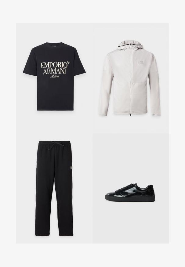 Sweat à capuche gris clair zippé, manches longues, tissu bicolore et petit logo EA7 Emporio Armani sur la poitrine gauche.; T-shirt en coton noir avec un grand motif contrastant crème "EMPORIO ARMANI Milano" sur le devant et un petit logo sur la poitrine.; Pantalon de survêtement noir avec taille élastique et cordon, avec un petit patch logo EA7 rectangulaire sur la partie supérieure de la cuisse gauche.; Baskets en cuir verni noir avec un bout arrondi, un laçage, une semelle en caoutchouc texturé et une finition lisse.