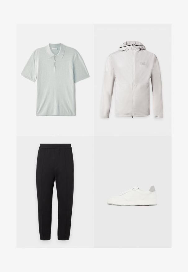 Lysegrå hættejakke med lynlås, lange ærmer, tofarvet stof og lille EA7 Emporio Armani-logo på venstre bryst.; Lys blå polo shirt lavet af blødt stof, med klassisk krave, tre-knaps lukning og korte ærmer. Minimalistisk design.; Sorte joggingbukser med elastisk taljebånd, konisk benindretning, frontplisseringer, sidelommer og elastiske manchetter ved anklerne.; Hvid lavtop-sneaker med gråt hælflig, hvide snørebånd og tekstureret sål, vist på en ensfarvet lys baggrund.